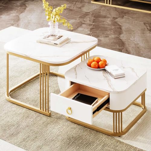 KOMHTOM Weißer 2er-Set Couchtisch mit Stauraum, moderner quadratischer Kaffeetisch Beistelltisch mit Schubladen für Wohnzimmer Schlafzimmer Balkon (Weiß+Gold) von KOMHTOM