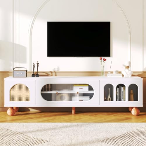 KOMHTOM Weißer Rattan-TV-Schrank Modernes Sideboard, Wohnzimmerschrank TV Ständer mit DREI Türen und runden Holzbeinen, Mehrzweckschrank für Wohnzimmer Schlafzimmer (B) von KOMHTOM