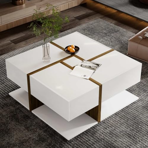 KOMHTOM Weißer quadratischer Couchtisch mit Vier Schubladen, Wohnzimmertisch mit stauraum Moderne Hochglanz Beistelltisch Sofatisch von KOMHTOM