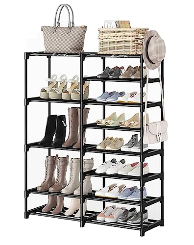 KOMI Schuhregal mit 8 Etagen, für Eingangsbereich, für 26–30 Paar Schuhe und Stiefel, stapelbarer Schuhschrank, Metall-Schuhregal, langlebig, Schlafzimmer, mit 2 seitlichen vielseitigen Haken von XIHAMA