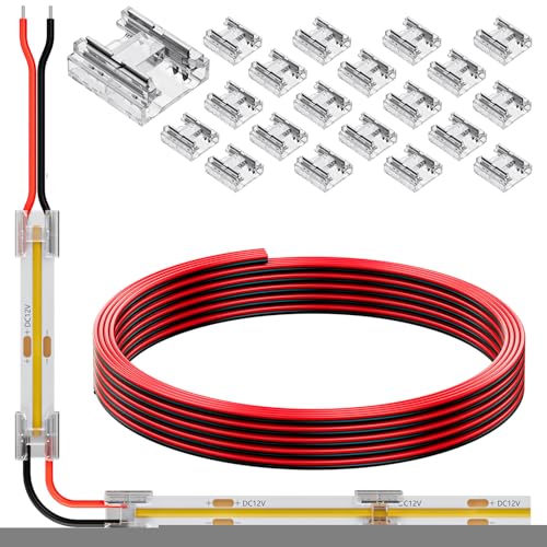 KOMIGANLED COB 8mm 2 pin Connector Kit 20pcs Transparent Connector 1pcs 200cm Long 20AWG Extension Wires for Non-Wired Gapless Solderless von KOMIGANLED