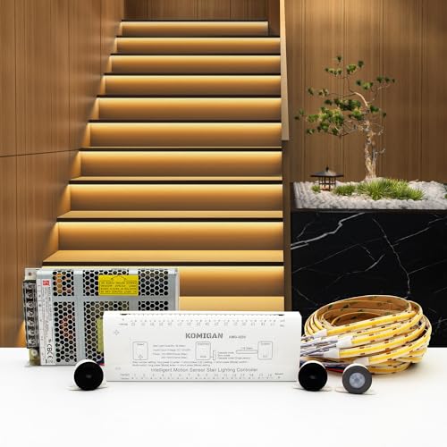 KOMIGANLED Smart Motion Sensing Treppenbeleuchtungsset KMG-3233, 100 cm langer, zuschneidbarer LED-Lichtstreifen für Innentreppen(Warmweiß 3000K, 16 Stufen) von KOMIGANLED