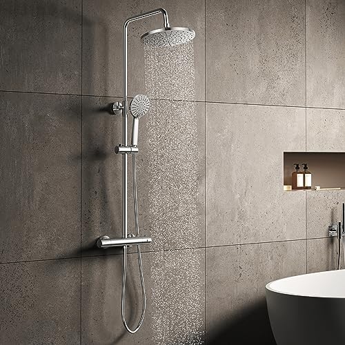 KOMIRO Duschsystem mit Thermostat, 23 x 23 cm Regendusche, 5 Strahlarten Handbrause, Duscharmatur Thermostat, Duschstange Edelstahl Regenwalddusche Komplett für Duscheset, Chrom von KOMIRO