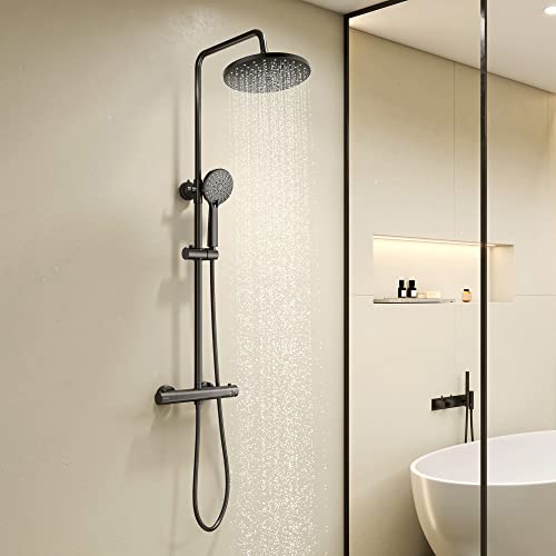 KOMIRO Duscharmatur mit Thermostat, Duschsystem Schwarz, Duschsäule Höhenverstellbare, Regendusche Kopfbrause und 5 Strahlarten Handbrause, Duschsystem mit thermostat Runde (Style1) von KOMIRO