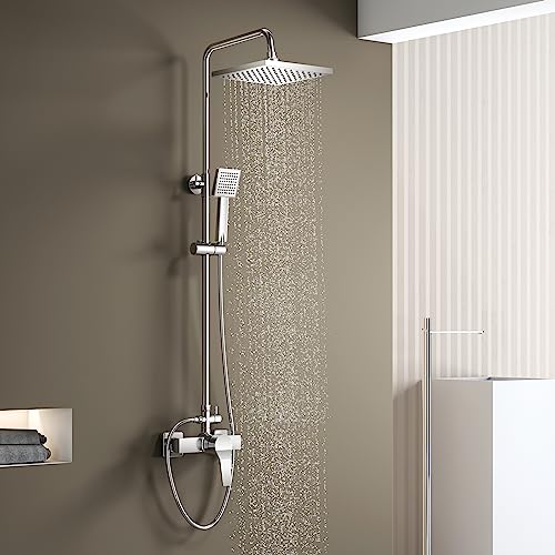 KOMIRO Duschsystem mit Einhebelmischer, Regendusche mit Armatur, Duschset mit Armatur, Verstellbare Duschstange und Eckige Kopfbrause, Chrome von KOMIRO