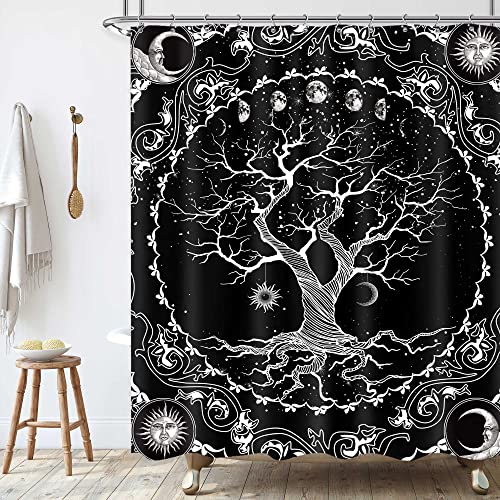 KOMLLEX Baum des Lebens Duschvorhang 152x183 cm (BxH), schwarz und weiß, Sonne, Mond, Phase, Galaxie, Weltraum, ästhetisch, mystisch, böhmisch, Hippie, Gothic, Pflanzen, Polyester, 12 Stück Haken von KOMLLEX