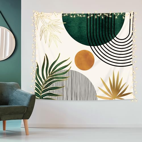 KOMLLEX Grüner schicker abstrakter Wandteppich, 150 x 130 cm, Boho-Blätter, Sonnenbogen, minimalistisch, modern, Gold, botanische Pflanze, einfacher geometrischer Wandbehang, ästhetische Wohnkultur, von KOMLLEX