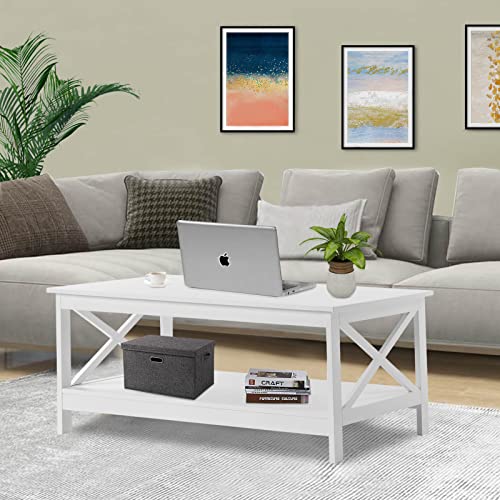 KOMOMOPLUS Sofa Couchtisch, Industrial Beistelltisch Holztisch Kaffeetisch Modern Stil Design Holz Rechteckiger Sofatisch 100 cm x 60 cm x 47 cm mit Stauraum für Büro, Garten, Wohnzimmer (Weiß) von KOMOMOPLUS