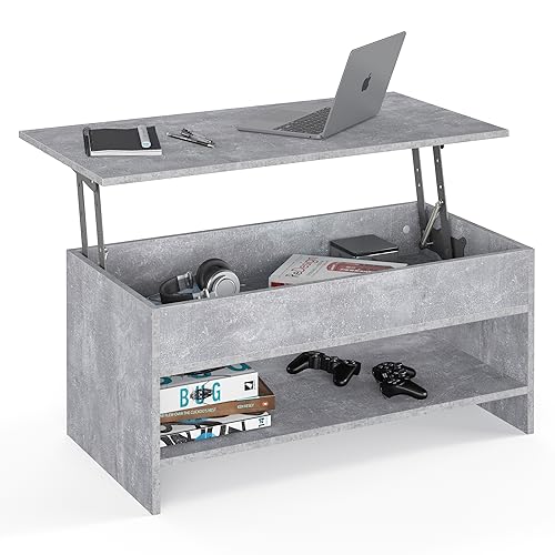 KOMTO Couchtisch Höhenverstellbar - Wohnzimmertisch mit Stauraum Aufklappbar Sofatisch für Wohnzimmer Kaffeetisch Stubentisch Beton | Coffee Table Tokyo 98,4 x 50,4 x 48 von KOMTO