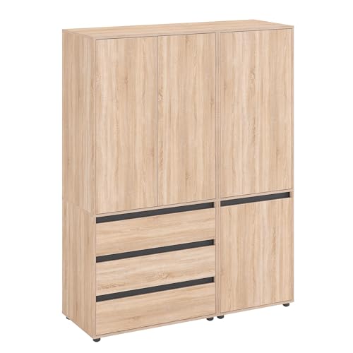 KOMTO Kleiderschrank Groß in Sonoma Eiche - Schrank Schlafzimmer Kinderzimmer Mehrzweckschrank mit 4-türig & 3 Schubladen Garderobenschrank Flur | Drehtürenschrank Cube 150 x 192 x 53 cm von KOMTO