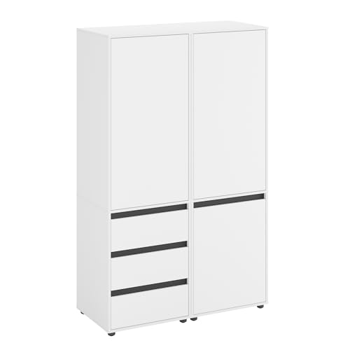 KOMTO Kleiderschrank Groß in Weiß - Schrank Schlafzimmer Kinderzimmer Mehrzweckschrank mit 3-türig & 3 Schubladen Garderobenschrank Flur | Drehtürenschrank Cube 120 x 192 x 53 cm von KOMTO