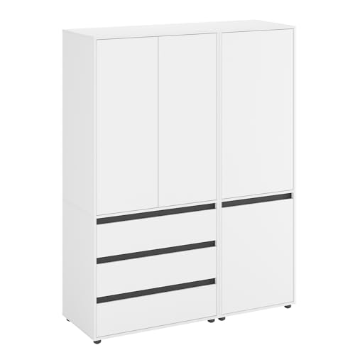 KOMTO Kleiderschrank Groß in Weiß - Schrank Schlafzimmer Kinderzimmer Mehrzweckschrank mit 4-türig & 3 Schubladen Garderobenschrank Flur | Drehtürenschrank Cube 150 x 192 x 53 cm von KOMTO