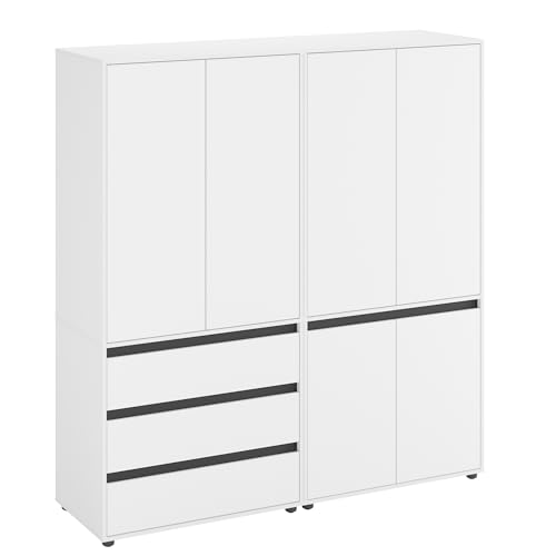 KOMTO Kleiderschrank Groß in Weiß - Schrank Schlafzimmer Kinderzimmer Mehrzweckschrank mit 6-türig & 3 Schubladen Garderobenschrank Flur | Drehtürenschrank Cube 180 x 192 x 53 cm von KOMTO