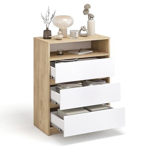 KOMTO Kommode mit 3 Schubladen - Komodenschrank für Schlafzimmer Schubladenkommode mit 1 offenen Fächern für Wohnzimmer | Sideboard Leon Honig Eiche/Weiß 70 x 37 x 90 cm von KOMTO