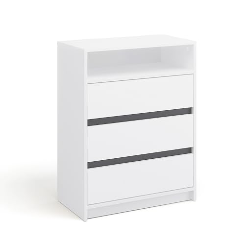 KOMTO Kommode Weiß mit 3 Schubladen - Komodenschrank für Schlafzimmer Schubladenkommode mit 1 offenen Fächern für Wohnzimmer | Sideboard Leon 70 x 37 x 90 cm von KOMTO