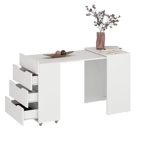 KOMTO Schreibtisch Weiß mit 3 Schubladen – Computertisch, Klappschreibtisch mit Stauraum, PC Tisch, Bürotisch für kleine Räume | Table FOLDY2 128 x 60 x 75 cm von KOMTO