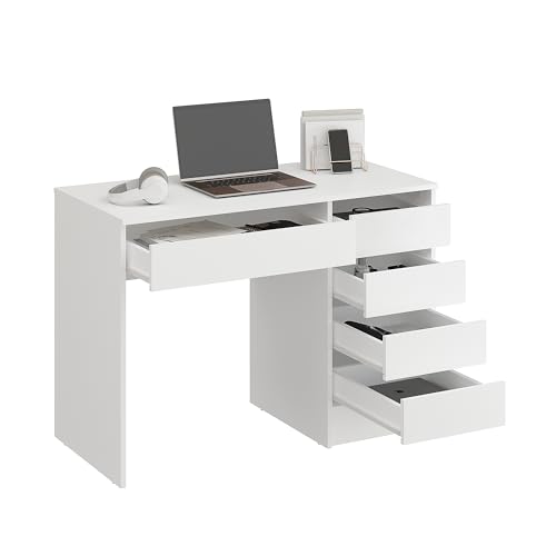 KOMTO Schreibtisch mit 5 Schubladen Weiß – Computertisch, Bürotisch, Kinderschreibtisch mit Stauraum, PC Tisch für Jugendzimmer | Arbeitstisch PLIO 110 x 53 x 78,5 cm von KOMTO