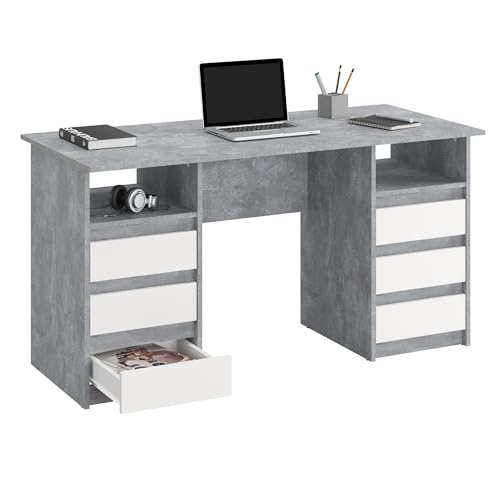 KOMTO Schreibtisch mit Schubladen - Oslo 140 x 60 x 74 cm Moderner Schreibtisch Beton + Weiß Bürotisch Computertisch Arbeitstisch Büro PC-Tisch Kinderschreibtisch mit Stauraum von KOMTO