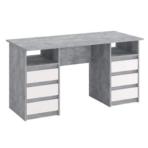 KOMTO Schreibtisch mit Schubladen - Oslo 140 x 60 x 74 cm Moderner Schreibtisch Beton + Weiß Bürotisch Computertisch Arbeitstisch Büro PC-Tisch Kinderschreibtisch mit Stauraum von KOMTO