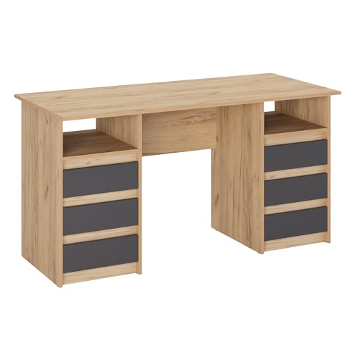 KOMTO Schreibtisch mit Schubladen - Oslo 140 x 60 x 74 cm Moderner Schreibtisch Honig Eiche/Anthrazit Bürotisch Computertisch Arbeitstisch Büro PC-Tisch Kinderschreibtisch mit Stauraum von KOMTO