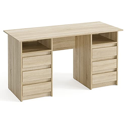 KOMTO Schreibtisch mit Schubladen - Oslo 140 x 60 x 74 cm Moderner Schreibtisch Sonoma Eiche + Weiß Bürotisch Computertisch Arbeitstisch Büro PC-Tisch Kinderschreibtisch mit Stauraum von KOMTO