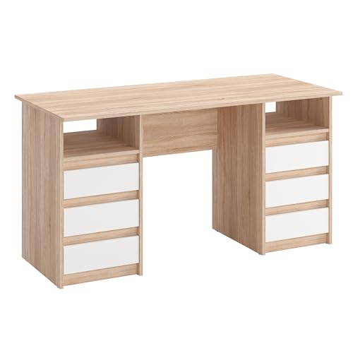 KOMTO Schreibtisch mit Schubladen - Oslo 140 x 60 x 74 cm Moderner Schreibtisch Sonoma Eiche + Weiß Bürotisch Computertisch Arbeitstisch Büro PC-Tisch Kinderschreibtisch mit Stauraum von KOMTO