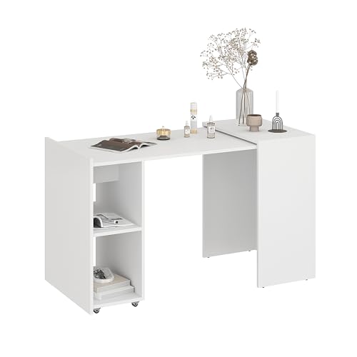 KOMTO Schreibtisch mit Stauraum Weiß – PC Tisch mit 2 Regal, Computertisch, Bürotisch, Klappschreibtisch für kleine Räume | Table FOLDY 128 x 60 x 75 cm von KOMTO