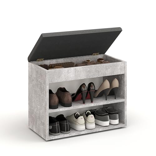 KOMTO Schuhbank mit Sitzfläche - Schuhregal Bank mit Stauraum Beton 60 x 48 x 32 cm Kleiner Schuhschrank mit Sitzbank Flur Bank Garderobenbank Sofia von KOMTO