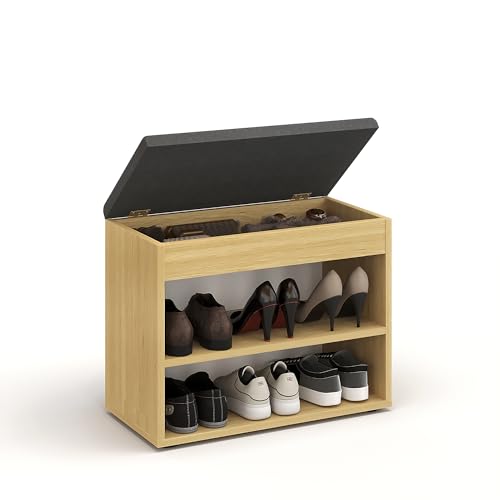KOMTO Schuhbank mit Sitzfläche - Schuhregal Bank mit Stauraum Buche 60 x 48 x 32 cm Kleiner Schuhschrank mit Sitzbank Flur Bank Garderobenbank Sofia von KOMTO