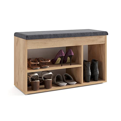 KOMTO Schuhbank mit Sitzfläche - Schuhregal Bank mit Stauraum Honig Eiche 80 x 48 x 32 cm Schuhschrank mit Sitzbank Flur Bank Garderobenbank Sofia von KOMTO