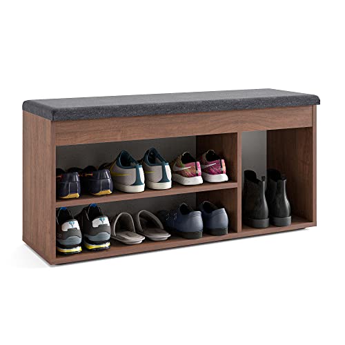KOMTO Schuhbank mit Sitzfläche - Schuhregal Bank mit Stauraum Nussbaum 100 x 48 x 32 cm Schuhschrank mit Sitzbank Flur Bank Garderobenbank Sofia von KOMTO