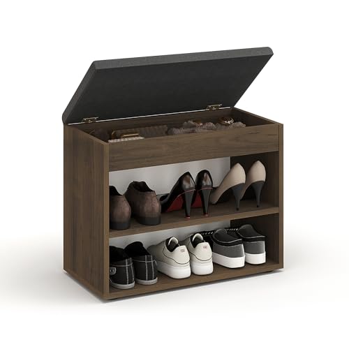 KOMTO Schuhbank mit Sitzfläche - Schuhregal Bank mit Stauraum Nussbaum 60 x 48 x 32 cm Kleiner Schuhschrank mit Sitzbank Flur Bank Garderobenbank Sofia von KOMTO