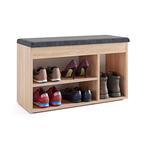 KOMTO Schuhbank mit Sitzfläche - Schuhregal Bank mit Stauraum Sonoma Eiche 80 x 48 x 32 cm Schuhschrank mit Sitzbank Flur Bank Garderobenbank Sofia von KOMTO