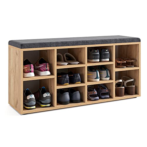 KOMTO Schuhbank mit Sitzfläche - Schuhregal Honig Eiche 104 x 50 x 30 cm Schuhschrank mit Sitzbank Flur Bank mit Stauraum Garderobenbank Sofia von KOMTO