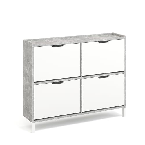 KOMTO Schuhschrank Schmal - Schuhregal Geschlossen mit 4 Klappen | Schuhkipper Beton + Weiß Madrid 108 x 25 x 87 cm (BxTxH) von KOMTO