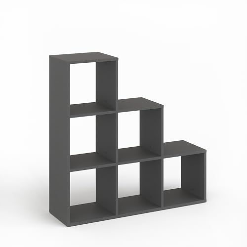 KOMTO Treppenregal Stufenregal - Raumteiler Regal Bücherregal mit 6 Fächern 30x30 cm Würfelregal | Bookshelf Anthrazit Vexo von KOMTO