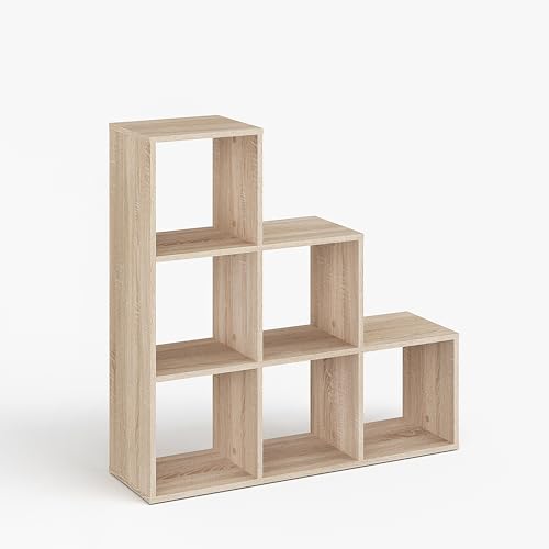 KOMTO Treppenregal Stufenregal - Raumteiler Regal Bücherregal mit 6 Fächern 30x30 cm Würfelregal | Bookshelf Sonoma Eiche Vexo von KOMTO