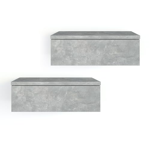 KOMTO Wandregal mit Schublade Beton - Nachttisch Hängend 2er Set Nachttisch Wandmontage Wandschublade Nachtschrank Hängend | Monaco 46 x 30 x 15 cm von KOMTO