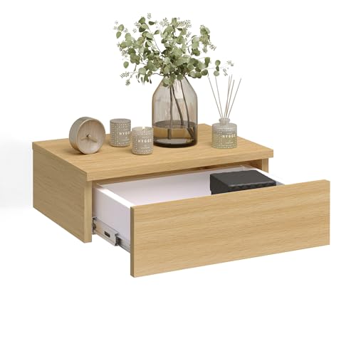 KOMTO Wandregal mit Schublade Buche - Nachttisch Hängend Nachttisch Wandmontage Wandschublade Nachtschrank Hängend | Monaco 46 x 30 x 15 cm von KOMTO