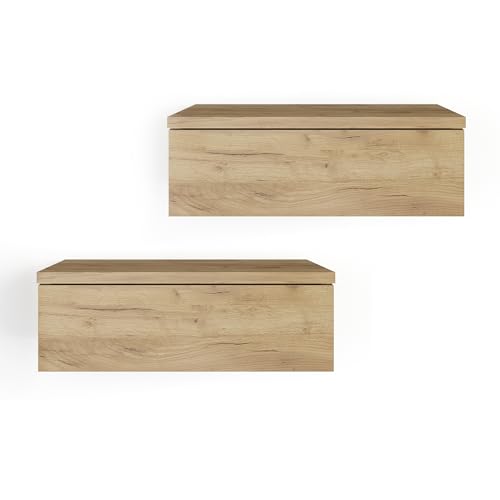 KOMTO Wandregal mit Schublade Honing Eiche - Nachttisch Hängend 2er Set Nachttisch Wandmontage Wandschublade Nachtschrank Hängend | Monaco 46 x 30 x 15 cm von KOMTO