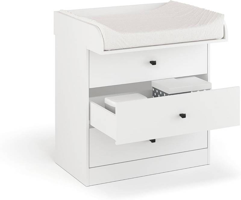 KOMTO Wickelkommode mit Schubladen - Baby Kommode mit Wickelaufsatz, Wickeltisch M3, Wickeltisch, Wickelschrank mit Abnehmbarer Wickelsatz Weiß, Lulliblox von KOMTO