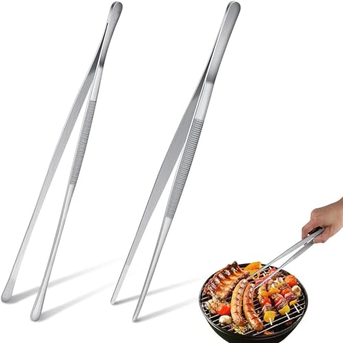 KOMUNJ 2 Stück 30cm Kochpinzette, lange Edelstahlpinzette, Küchenpinzette, professionelle Kochpinzette, Küchenwerkzeug zum Grillen, Plattieren und Servieren, rund + spitz (Silber) von KOMUNJ