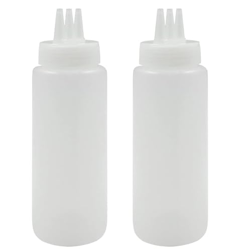 KOMUNJ 2 Stück Drei Loch Quetsch Saucenflasche Saucen Gewürz Topf Salatflasche AusgießEr mit 3 Spritzdüsen, Squeeze Flasche, auslaufsicher, mit Messskala(450ml) von KOMUNJ