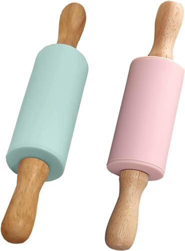 KOMUNJ 2 Stück Silikon Nudelholz Mini Kinder Nudelholz Teigroller mit Holzgriff für Kuchen Backen Pizza Fondant Cookie (Grün + Rosa) von KOMUNJ
