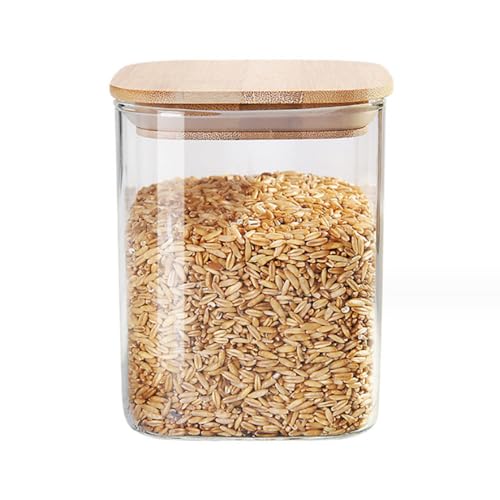 KOMUNJ Transparentes Aufbewahrungsgefäß mit Holzdeckel 1 x 800 ml mit dichtem Verschluss. Spülmaschinenfest. Zur Aufbewahrung von Bohnen, Kaffee, Nüssen usw von KOMUNJ