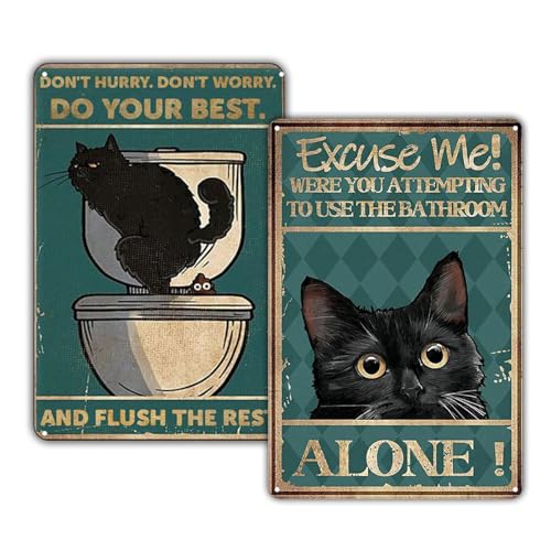 KONFEN Katze Metall Zinn Schild, Katze und Bad + Katze Pooping Retro Plaqu Poster Wall Art Print Dekoration 8 * 12 Zoll für Home Bar Bad Tür Coffee Shop von KONFEN