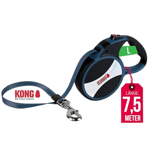 KONG ausrollbare Hundeleine in 7,5m Länge I Für große Hunde bis 50kg I Größe L I Hochwertige Rollleine mit Break & Lock System in blau I komfortable Leine mit Softgriff & reflektierendem Gurt von KONG