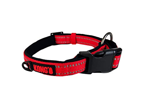 KONG Nylon Hundehalsband für kleine Hunde I Größe S I größenverstellbares Halsband Hund in rot I gepolstertes Halsband für Hunde mit Verschluss-Schnalle I reflektierendes Hundehalsband Nylon von KONG