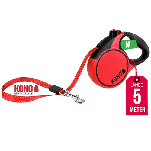 KONG ausrollbare Hundeleine in 5m Länge I Für mittelgroße Hunde bis 30kg I Größe M I Hochwertige Rollleine mit Break & Lock System in rot I komfortable Leine mit Softgriff & reflektierendem Gurt von KONG