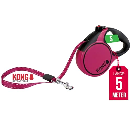 KONG ausrollbare Hundeleine in 5m Länge I Für kleine Hunde bis 20kg I Größe S I Hochwertige Rollleine mit Break & Lock System in pink I komfortable Leine mit Softgriff & reflektierendem Gurt von KONG